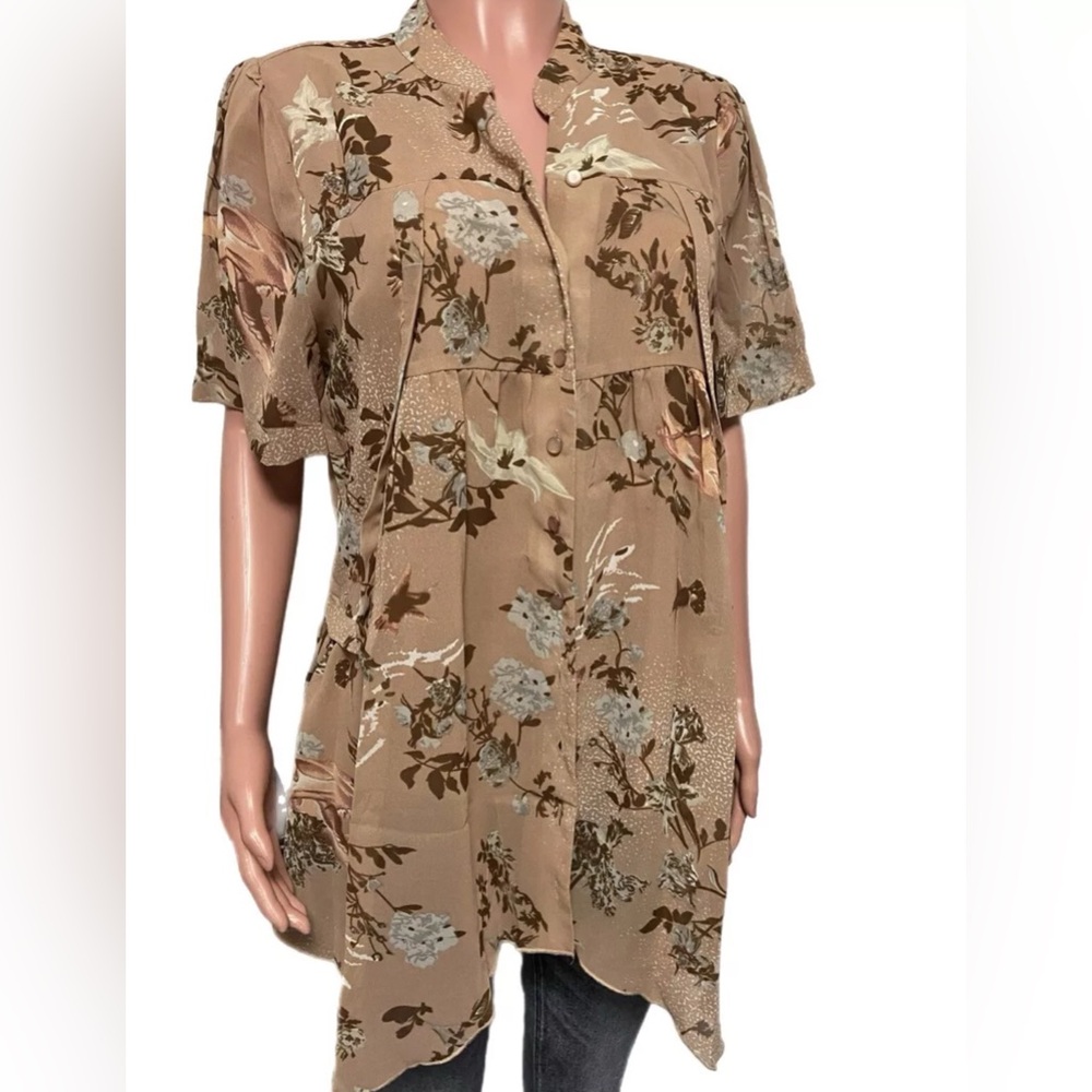 Attractive Tan Floral Birds Print Button Up Floral 2 pc Tunic top Plus 14 W New
